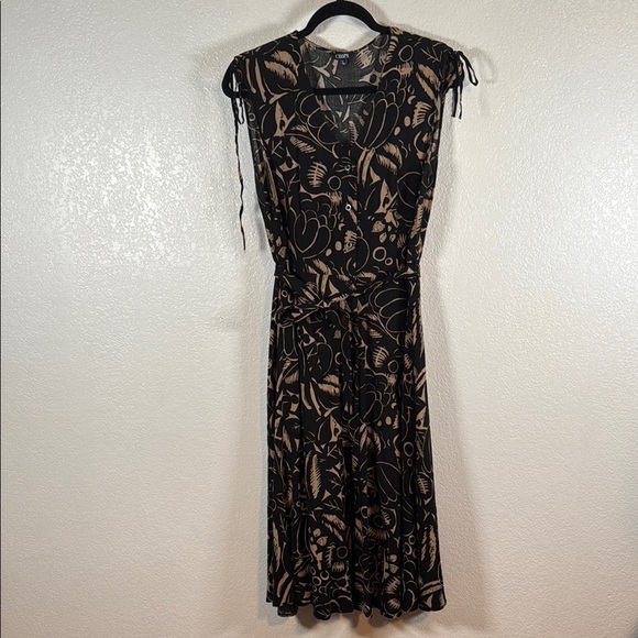 Chaps Black & Tan Artsy Floral Button Down Dress Scrunch Shoulders Size Large - Picture 1 of 8